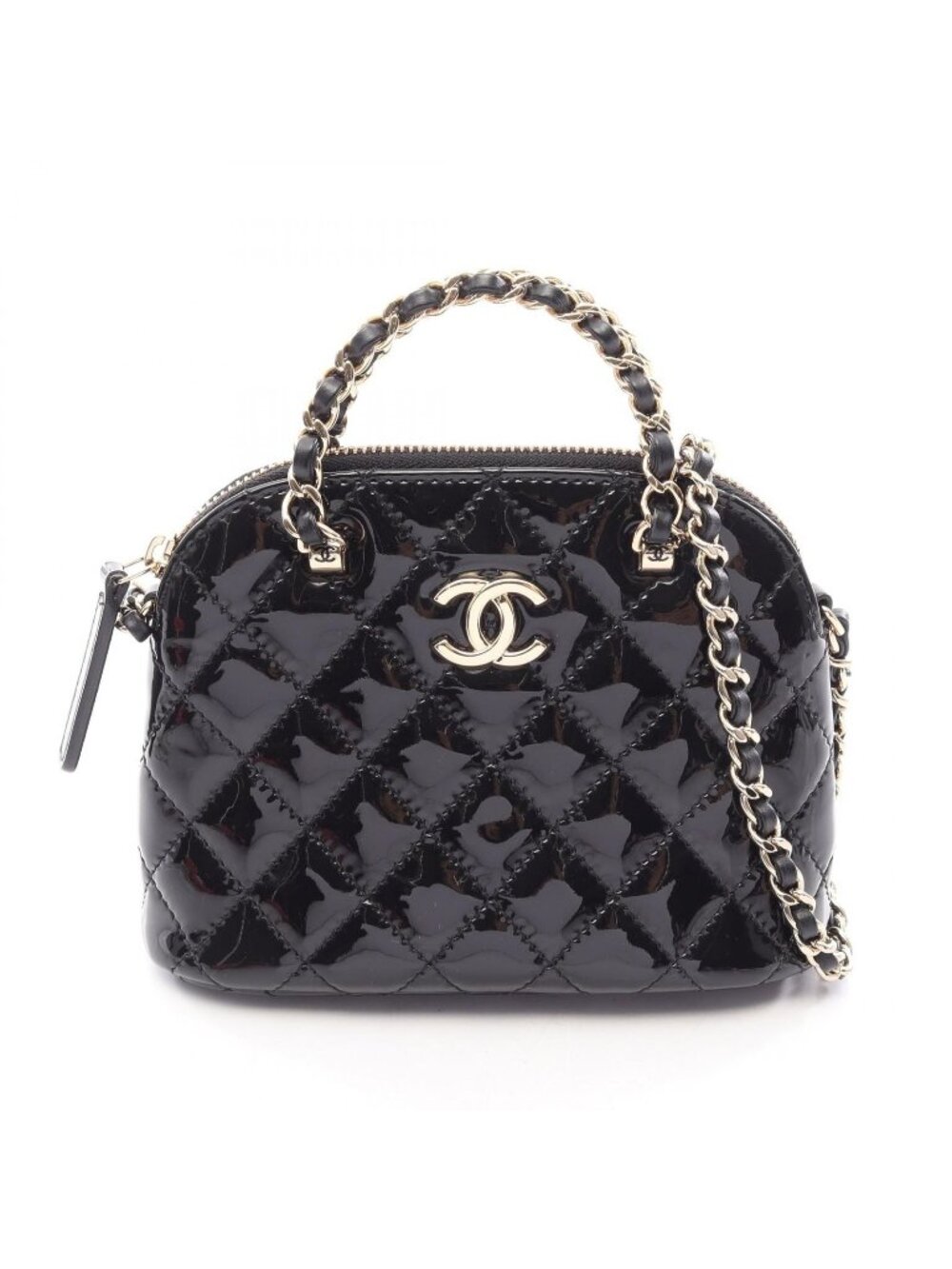 Chanel Shoulder Bag Quilted 2-Way Metallic Black Patent Leather Mini Chain